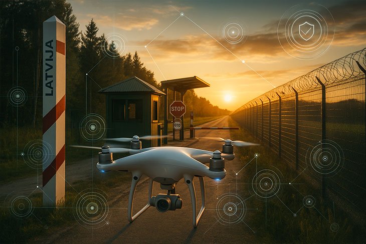 Bloga ieraksts par dronu lidošanas ierobežojumiem Latvijas valsts pierobežā – noteikumi, saskaņošana ar CAA, LGS un robežsardzi, un drošas, legālas lidošanas pamatprincipi paaugstinātas kontroles zonās.